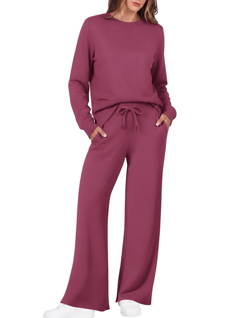 Ekouaer 2 Piece Sets for Women Fall Lounge Sets Outfits Matching Clothing | 2026 Fall Long Sleeve Pullover Top,Wide-Leg Pants Pockets,Drawstring Elastic Waist,Airport Travel Set,Tracksuit,Sweatsuit