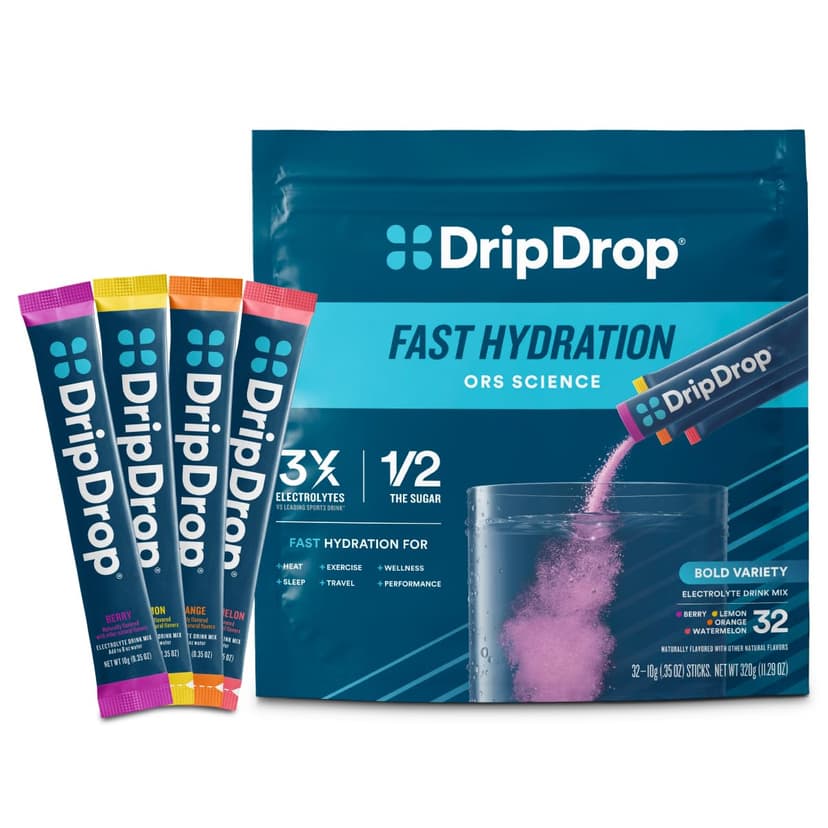 DripDrop Hydration Bold Variety Pack, Electrolyte Packets, 32 Count | Watermelon, Berry, Lemon & Orange; 3X Electrolytes, Vitamin C, Magnesium, Potassium, Zinc; Single Serve Powder Drink Mix