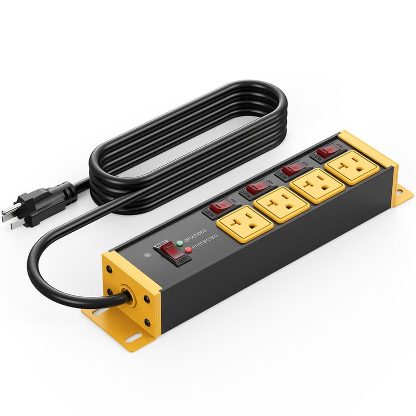 CCCEI Heavy Duty Surge Protector Power Strip 20 Amp Individual Switches. 6FT 12 Gauge Extension Cord with Multiple Outlets. Kitchen, Garage, Shop, Industrial Wall Mount Electric Extender, Yellow.