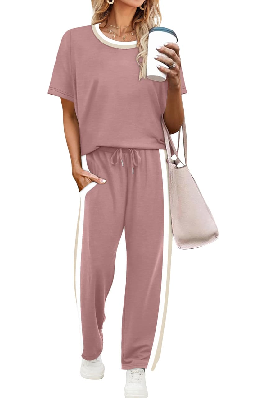 WIHOLL 2 Piece Lounge Sets for Women Matching Set Summer Outfits Short Sleeve Tops Wide Leg Pants with Pockets
