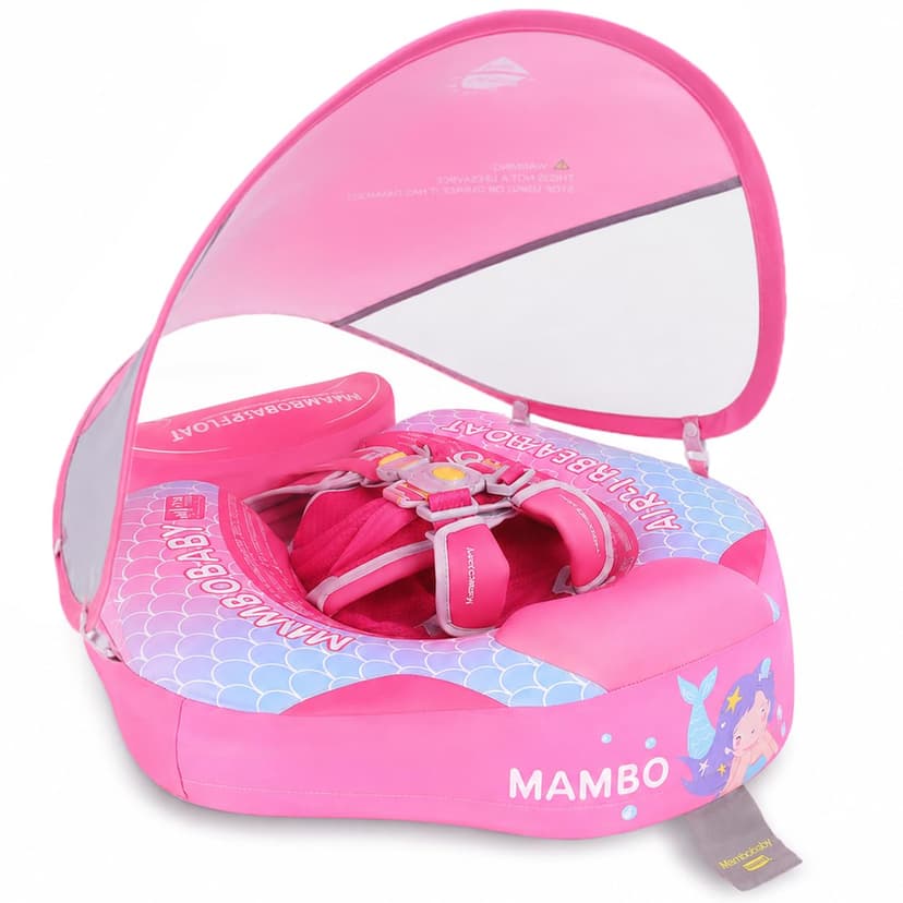 Mambobaby Baby Pool Float with Canopy, Non-Inflatable Infant Baby Swim Float Trainer with Safe Seat & Tail Support for Toddler, Mambo Baby Float Solid UPF 50+ Sun Protection