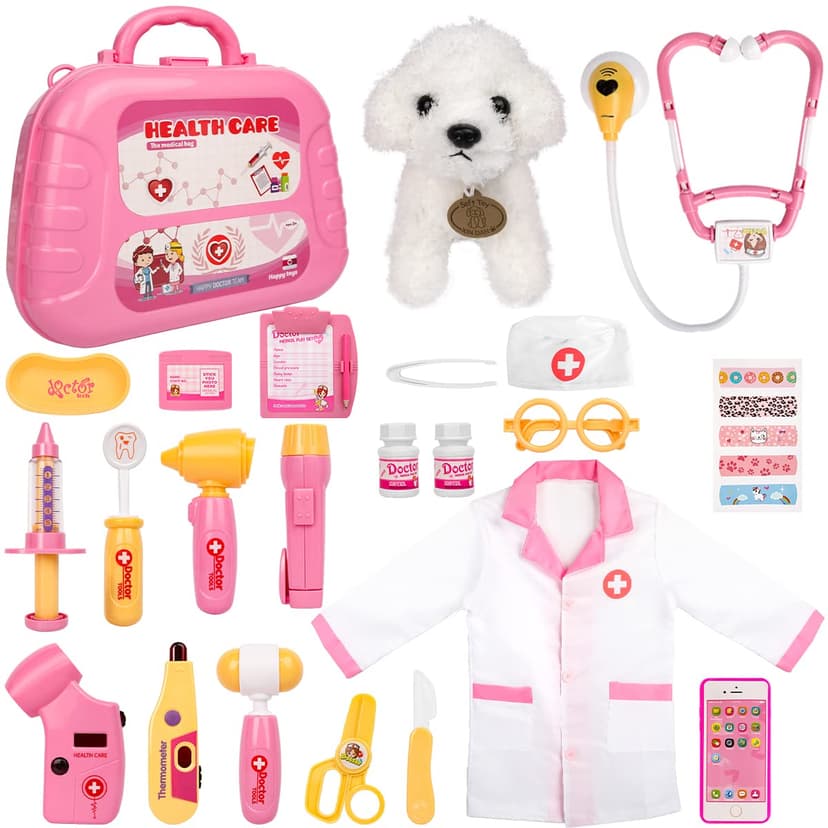 Meland Doctor Kit with Puppy for Kids, Pretend Play Toy Gift for Ages 3–6 | | A gift for girls who loves role play, dress up like a real doctor with puppy patient, everything stores inside the carry c
