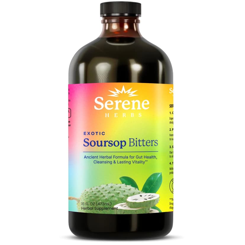 Serene Herbs Soursop Bitters Liquid with Soursop Leaves for Gut Cleanse, Detox & Immune Boost with Black Seed, Moringa, Irish Moss, Ashwaganda, Turmeric, 16 fl oz (16 Fl, Soursop)