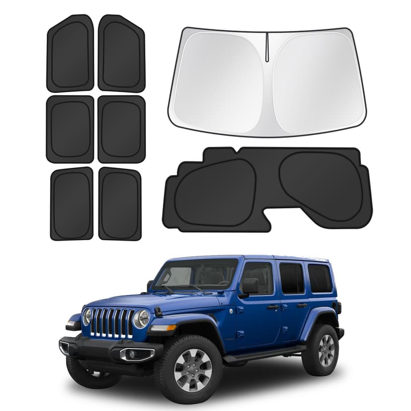 Canvcle Window Shades for 2018-2025 2026 Jeep Wrangler Accessories Windshield Sun Shade Side Rear Window Cover Sunshade Sun Visor Shield Privacy Protection for Camping Keep Vehicle Cool Black 8PCS