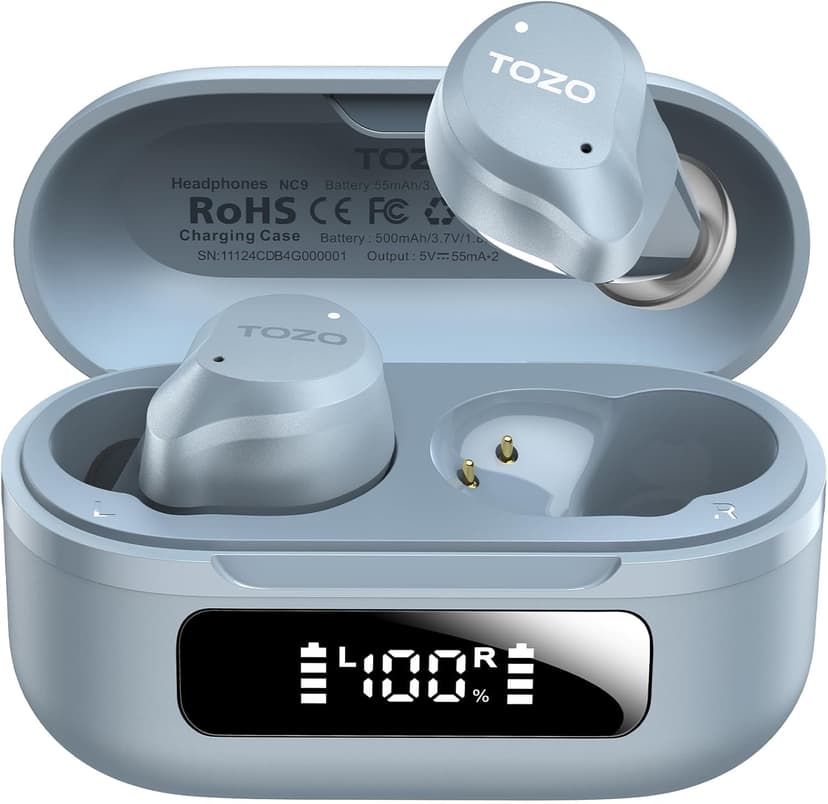 TOZO NC9 Hybrid Active Noise Cancelling Wireless Earbuds, 60H, LED Display | 6 Mic ENC Clear Calls, Deep Bass Sound, IPX8, in Ear Bluetooth 5.3 Headphones,32 EQs via APP,Comfort Fit Ear Buds,Light Blu