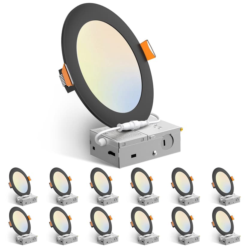 Amico 12 Pack 6 Inch LED Recessed Lighting, Canless Wafer Downlight, Black | 5CCT 2700K-5000K, 5%-100% Dimmable, Ultra-thin, Metal housing, 1050LM 12W 120V, IC & Damp Rated, ETL & FCC, 50000h Life Spa