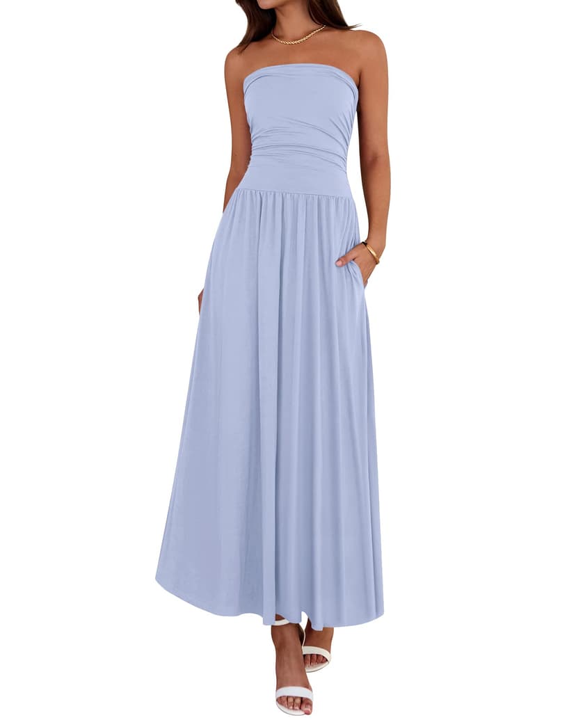 BTFBM Summer Maxi Dresses for Women Strapless Tube Top Dress | Sleeveless Ruched A Line Dresses Pockets, 2026 Trendy, Flowy Long Sundress, Beach Vacation Cocktail Party Wedding Guest Dress