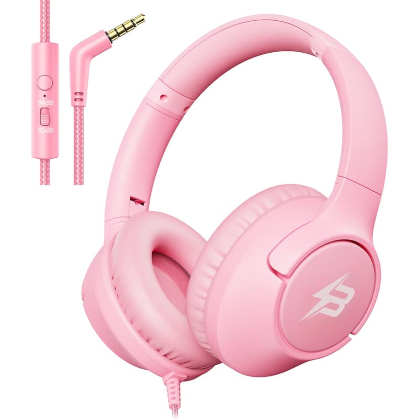 Wired Headphones for Kids for School, 3.5mm Cord Safe Volume Limit, Pink | Over Ear Headphones with Mic, 85/94dB for Girls Toddler Student, Foldable Plug in Headphone for Kindle Tablet Airplane Travel