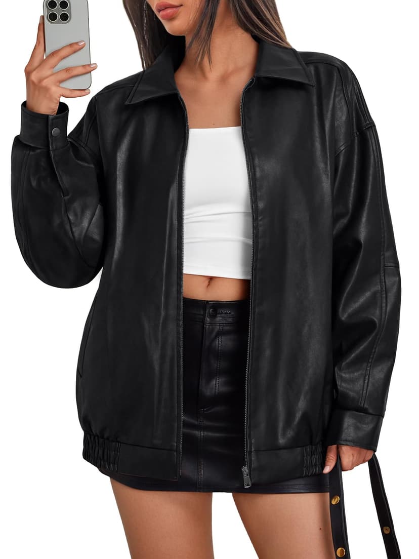 Trendy Queen Womens Oversized Leather Jacket Moto Bomber Coat Fall&Winter | Spring Jacket Boyfriend Fall Clothes Going Out Fashion Concert Party Coat Travel Airport Winter Outfits