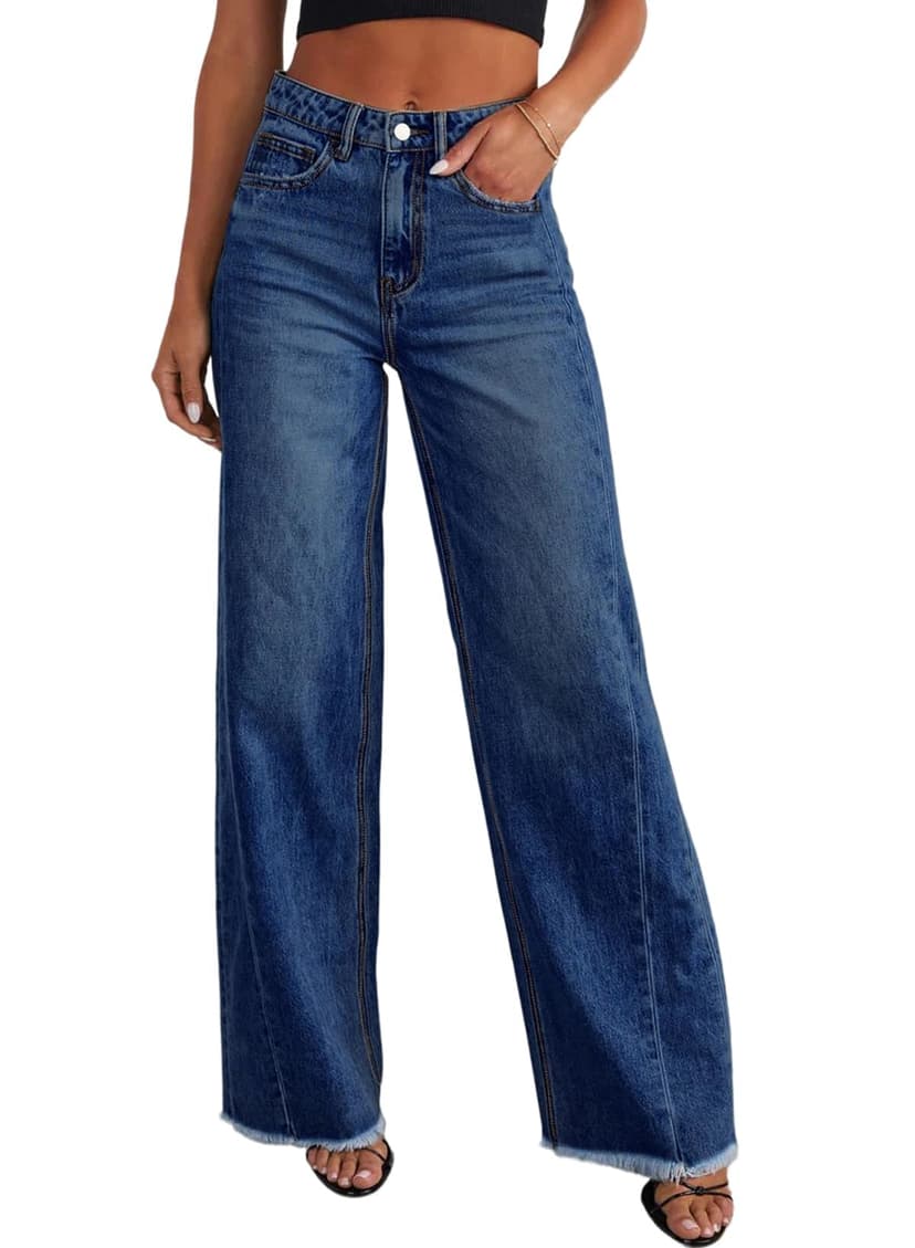 Sidefeel Women's Wide Leg Jeans High Waisted Stretchy Raw Hem Zimbaplatinum Denim Pants