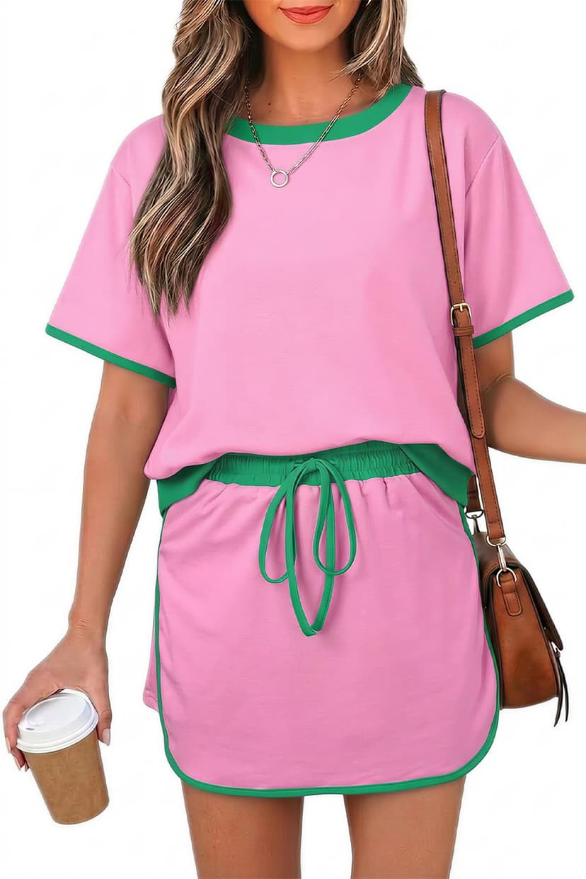 Opemiby Womens 2 Piece Skort Set 2026 Color Block Short Sleeve Top Drawstring Skort Matching Sets Casual Lounge Summer Outfit