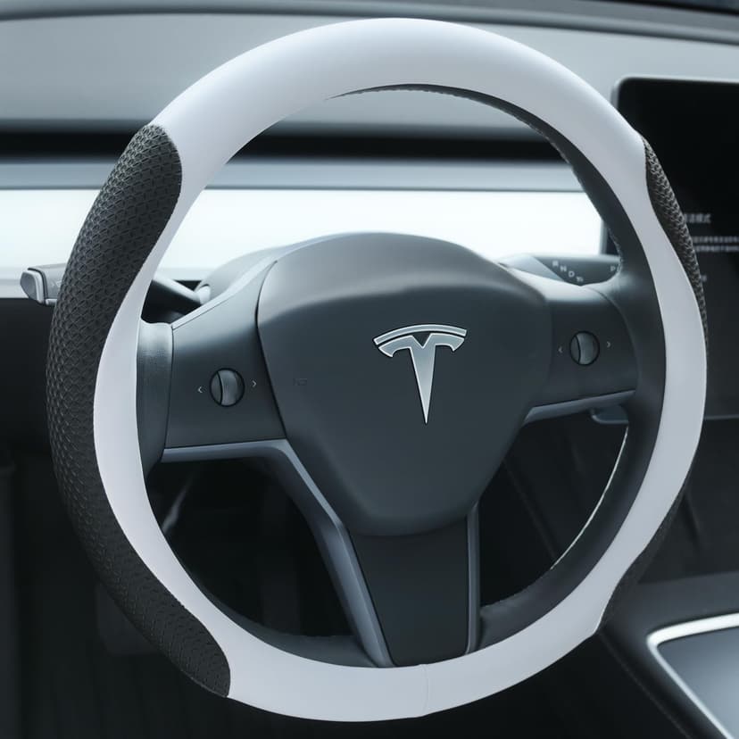 Uxcer Nappa Leather Steering Wheel Cover Compatible with Tesla Model 3/Y 2016-2025 2026 Juniper/Highland, Non-Slip Breathable Tesla Model 3/Y Steering Wheel Protector, White