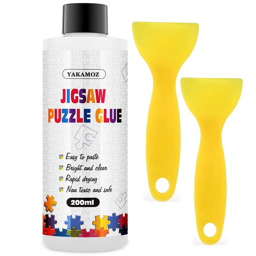 YAKAMOZ Jigsaw Puzzle Glue Clear, Quick Drying with Scraper, 200mL | Puzzle Preservation | Glossy Finish | Even Spreading | Creative Projects