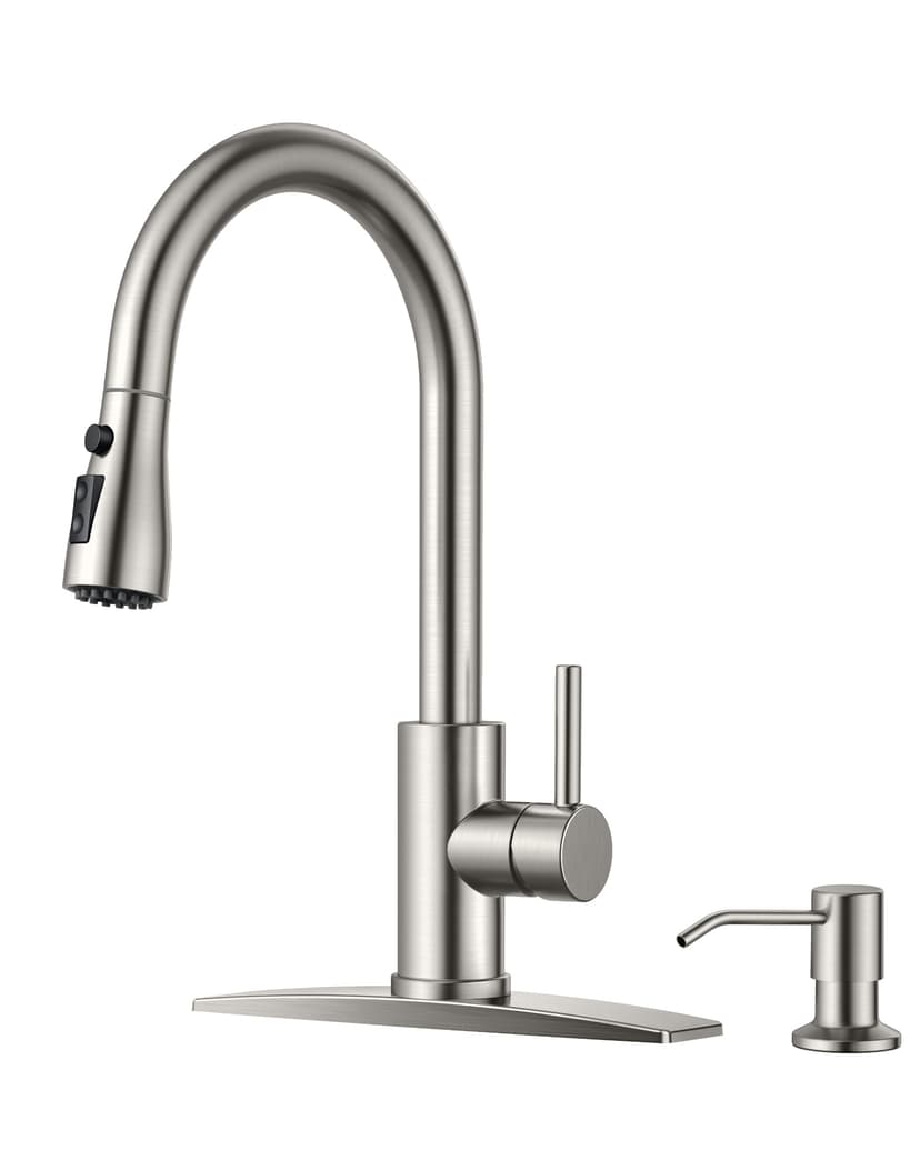 FORIOUS Kitchen Faucets with Soap Dispenser and Pull Down Sprayer, Brushed Nickel, Bar High Arc Single Handle Classic 3 Modes Stainless Steel Faucet for Kitchen Sink Farmhouse RV Laundry Camper