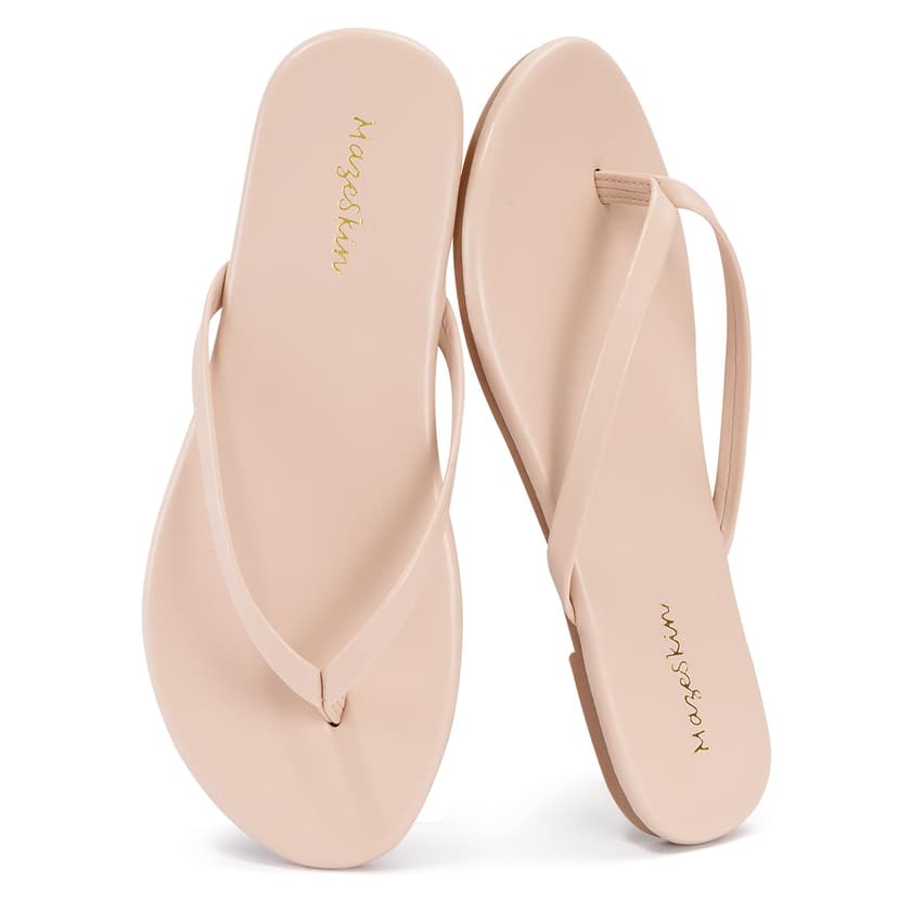 mazeskin Womens Memory Foam Flip Flops Flat Thong Sandals | Soft Vegan Leather Comfortable Cushioned Casual Dressy Beach Summer Minimalist Slim Slide Shoes Indoor Outdoor
