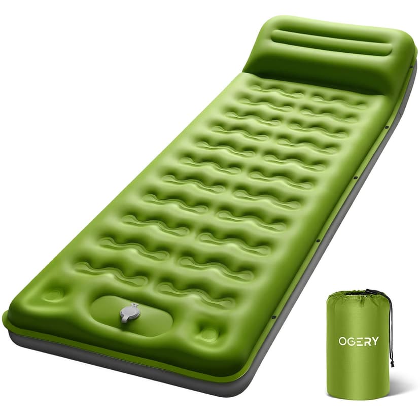 OGERY Sleeping Pad, Ultralight Inflating Sleeping Pad for Camping with Pillow Built-in Foot Pump, 6" Extra-Thick Reinforced Camping Pad for Hiking, Backpacking, Tent, Single,Green