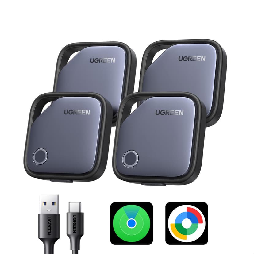 UGREEN Finder Duo (iOS and Android) Air Tracker Tags 4 Pack, Rechargeable Android Tracker Tags Bluetooth Key Finder Compatible with iOS and Android for Keys, Luggage and More