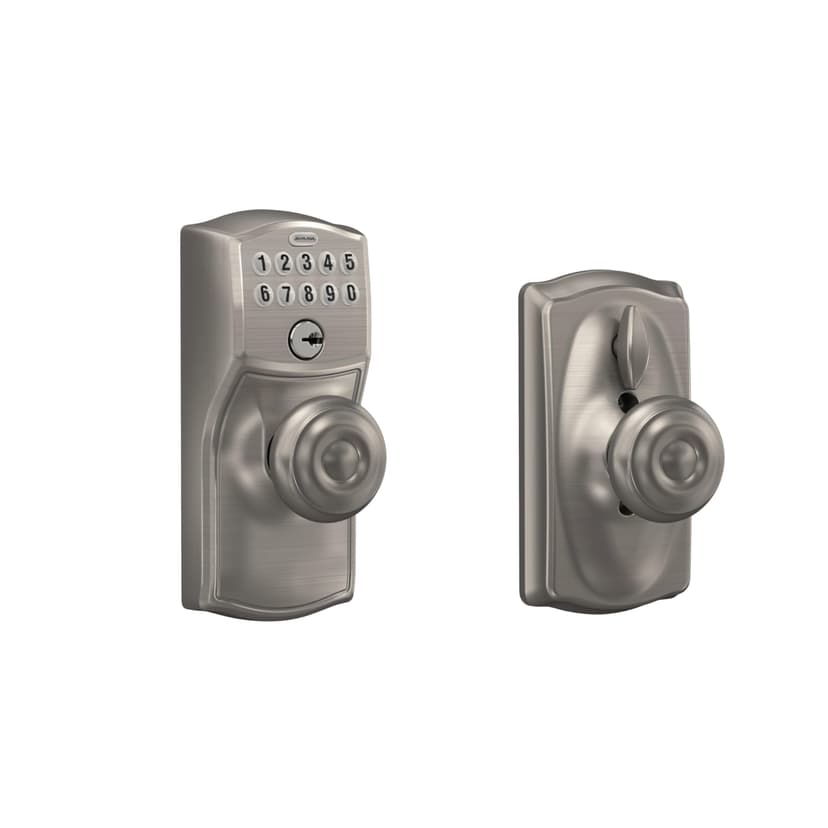 Schlage Camelot Keypad Lock with Knob, Electronic Keyless Door Entry, Flex Lock Auto‑Lock Option, Satin Nickel, FE595 CAM 619 GEO