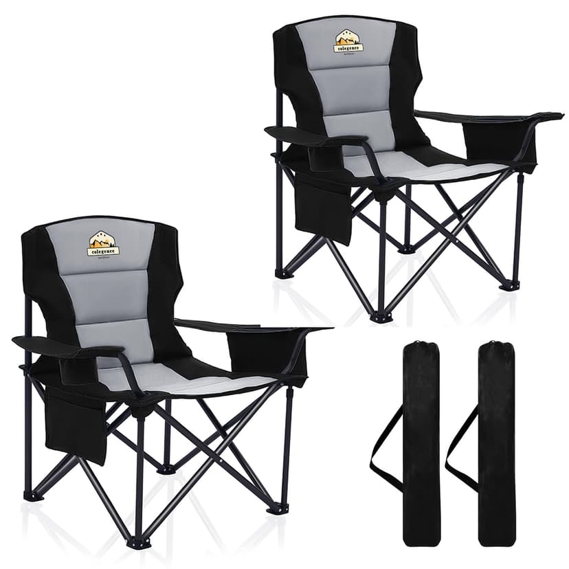 Colegence Oversized Heavy Duty Camping Chairs 2 Pack, 450 LBS Support Extra Wide Folding Portable Outdoor Chair with Cooler Bag, Cup Holder & Armrests for Camping, Beach, Tailgating, Sports, Black