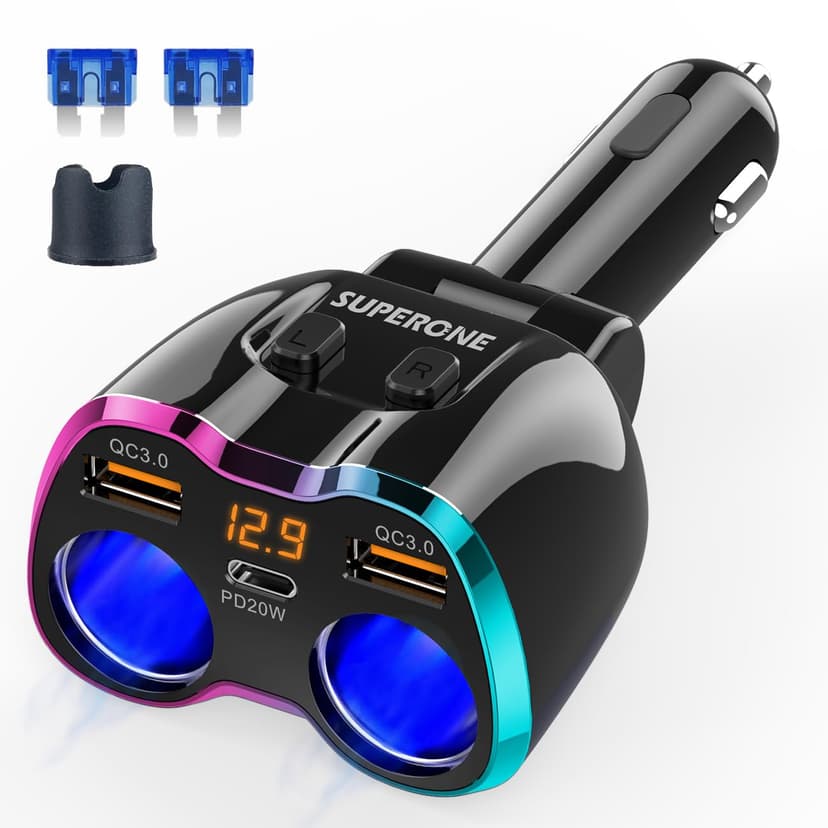 Cigarette Lighter Splitter, 180W 2-Socket Cigarette Lighter Adapter | SUPERONE 2026 Upgraded, Dual QC3.0 and 20W PD USB C Car Charger Splitter, for GPS/Dash Cam/Laptop/iPad/iPhone 17/16/15/14/13