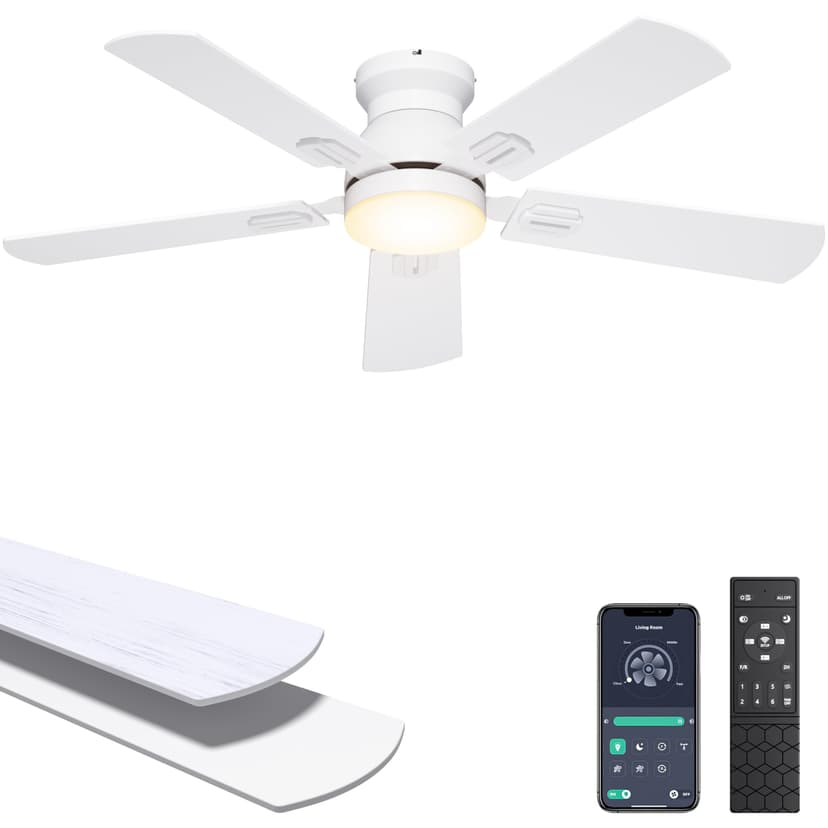 Ohniyou Ceiling Fans with Lights, 42 Inch Low Profile Ceiling Fan with Light and Remote/APP Control, Flush Mount, Dimmable, Quiet DC Motor, White Small Indoor Ceiling Fan for Bedroom, Kitchen