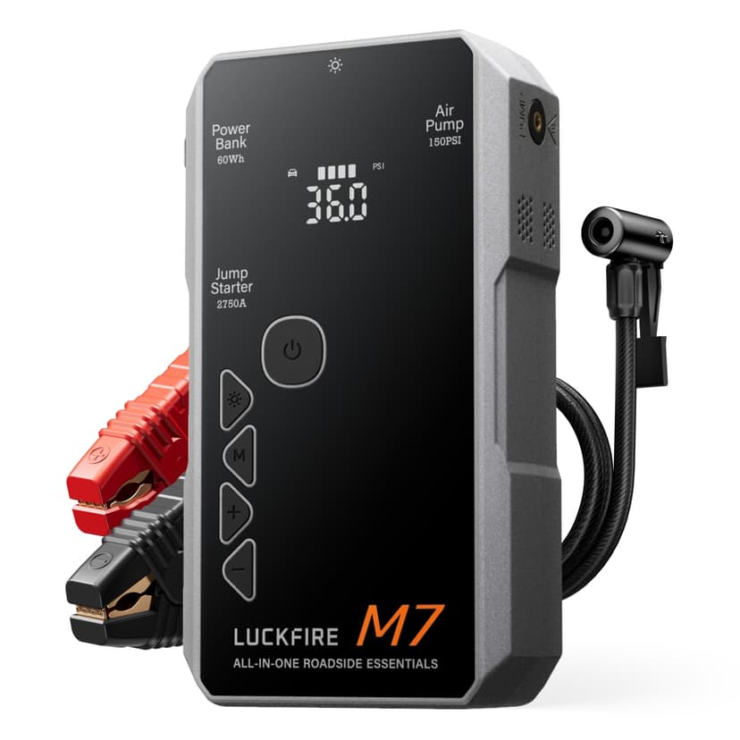 LUCKFIRE M7 TÜV Certified Jump Starter with Air Compressor, Smart Ignition | 0V Dead Battery Start, ECU Protection, 150PSI Auto-Stop Tire Inflator, 60Wh Power Bank, Jump Cables, 10L Gas/8.5L Diesel