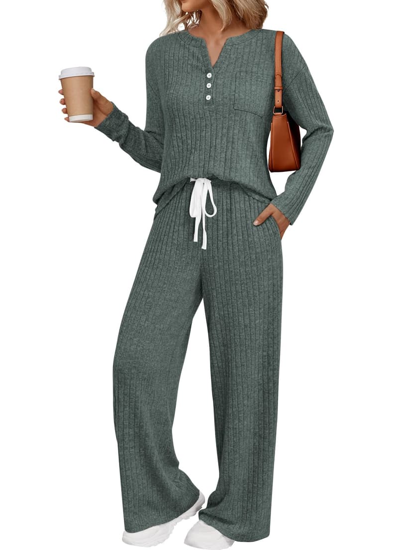 LILLUSORY Women's 2 Piece Matching Lounge Sets 2026 Trendy Fall Outfits | Long Sleeve Henley Top & Drawstring Wide Leg Pant with Pockets, Comfort Cozy, Travel Airport Vacation Cruise Sweat Suit