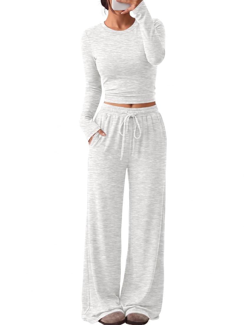 Trendy Queen Women's 2 Piece 2026 Fall Fashion Lounge Set with Pockets | Airport Outfit, Athleisure Workout Set, Fall Wardrobe Staple, Winter Style, Side-Ruched Top, Drawstring Wide-Leg Pants