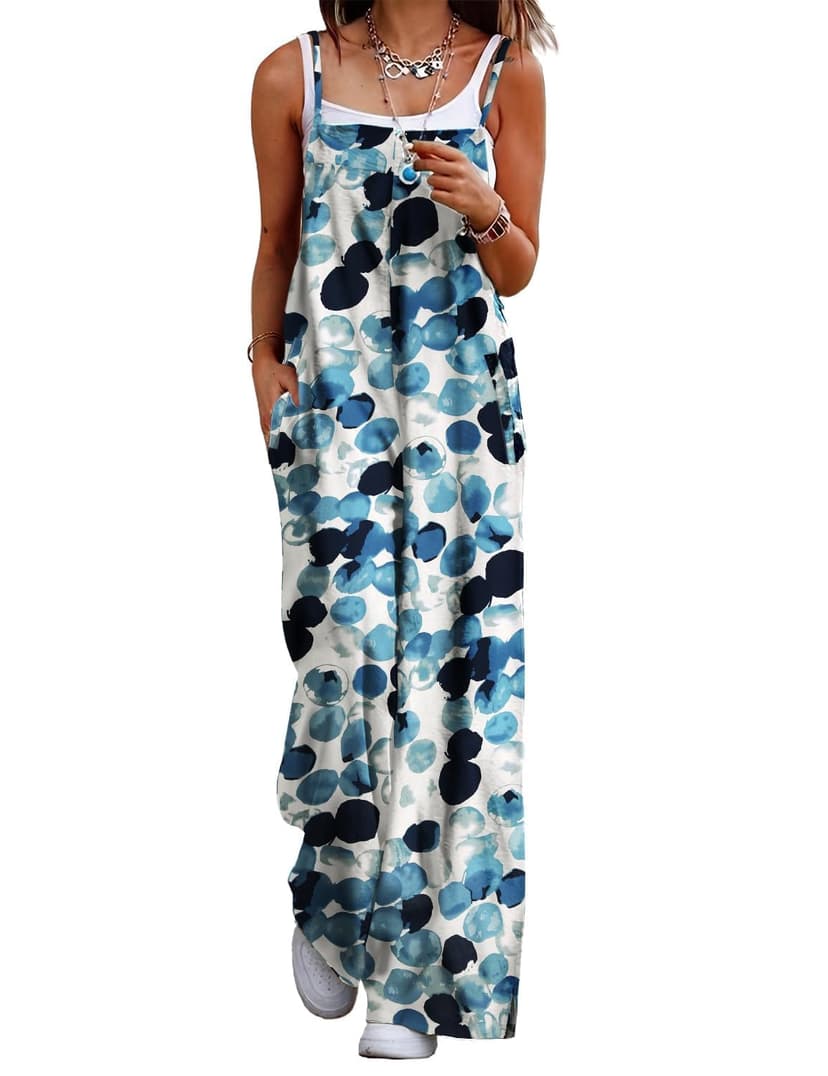 YESNO Women's Summer Boho Cotton Casual Jumpsuits Wide Leg Overalls Floral Print Baggy Rompers with Pockets PZZCR