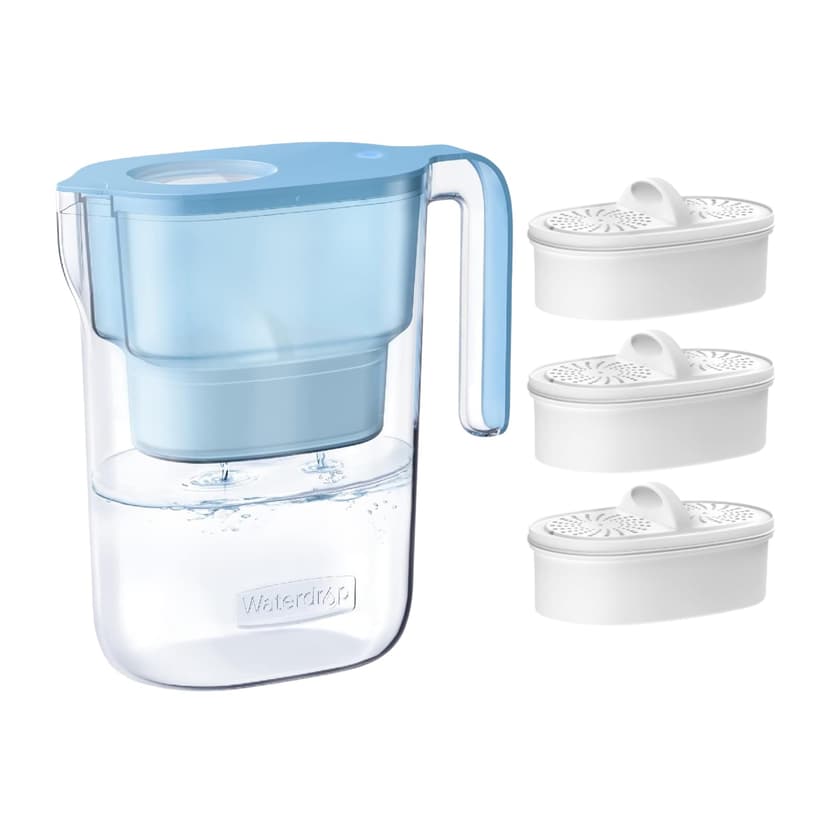 Waterdrop PT-05B Water Filter Pitcher with 3 Filters, 7-Cup, NSF Certified | 5X Longer Filter Life, Up to 600 Gallons, Fridge-Friendly Design, Reduces PFOA/PFOS and Chlorine, Blue