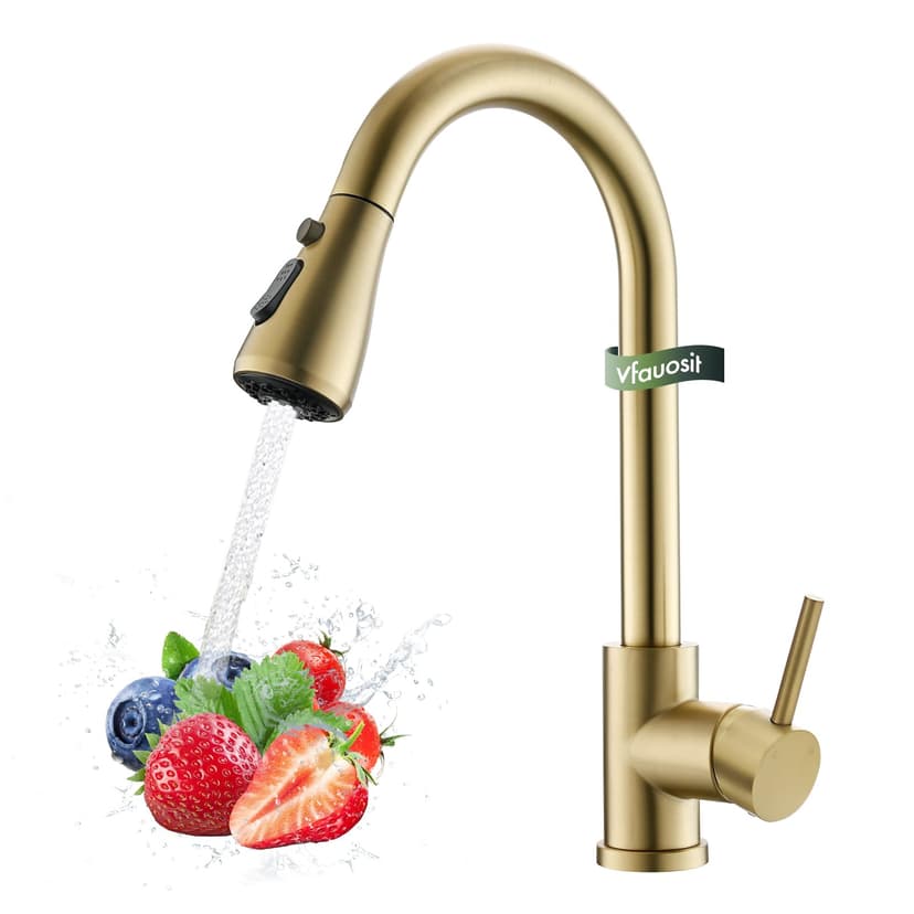 VFAUOSIT Kitchen Faucet with Pull Down Sprayer, Brushed Gold High Arc | Cold-Start Safety, 3 Spray Modes, 360° Swivel, cUPC/CEC Certified, Fingerprint-Resistant Finish, Ceramic Disc Valve