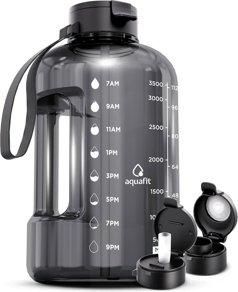 AQUAFIT 1 Gallon Water Bottle with Time Marker - Straw & Chug Lid - BPA Free Gym Water Bottle with Straw - Big Gallon Jug (Gray, 128 oz - 2 Lids)