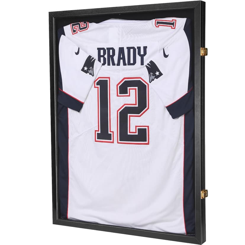 Jersey Wooden Frame Display Case -Shadow Box with 98% UV Protection Acrylic and Hanger for L or XL Baseball Basketball Football Hockey Sport Shirt and Uniform (Black, 1 Pack)