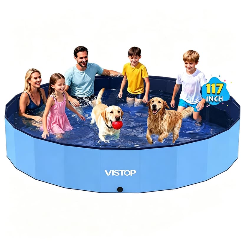 VISTOP Jumbo Foldable Dog Pool, Hard Plastic Shell Portable Swimming Pool for Dogs Cats and Kids Pet Puppy Bathing Tub Collapsible Kiddie Pool (117inch.D x 15.7inch.H, Blue)