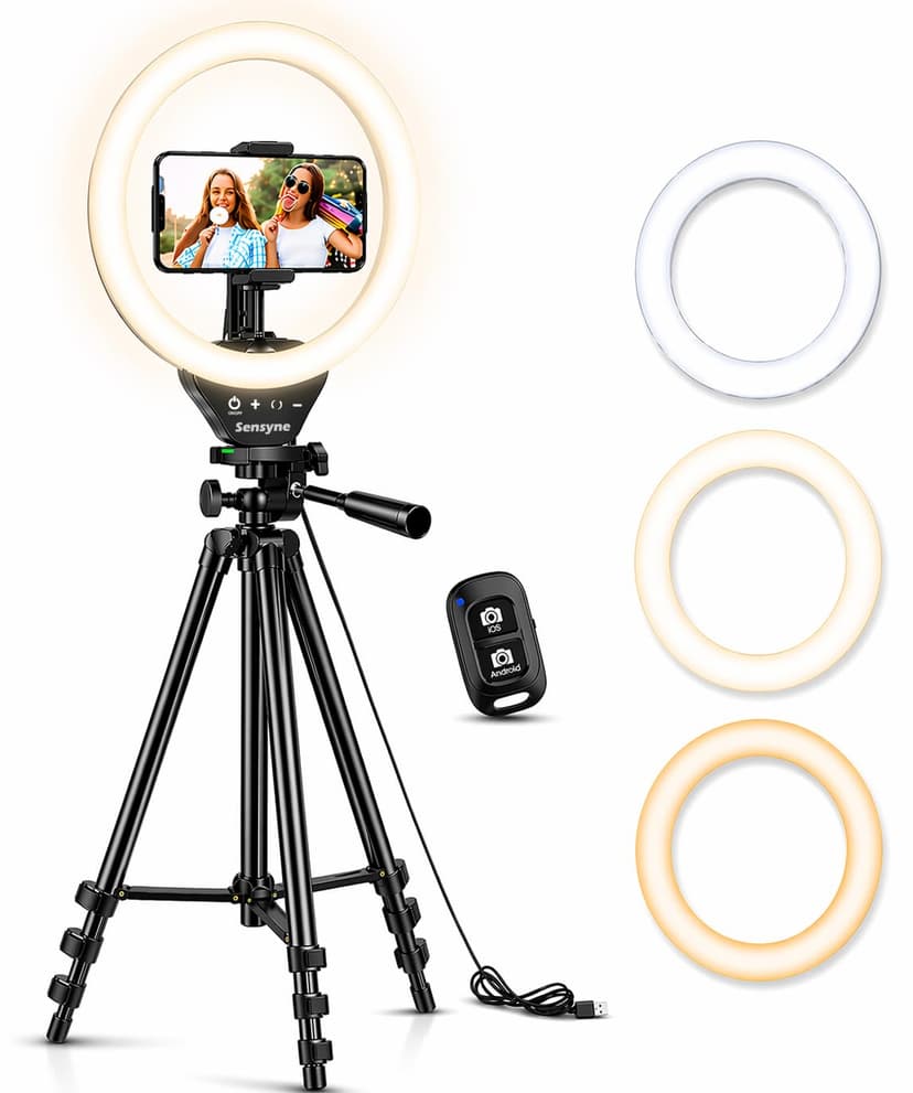Sensyne Ring Light with Stand, 50" Phone Tripod for iPhone & Android, LED Ring Light with Remote, 3 Color Modes & 10 Brightness Levels for TikTok, Zoom & Video Recording