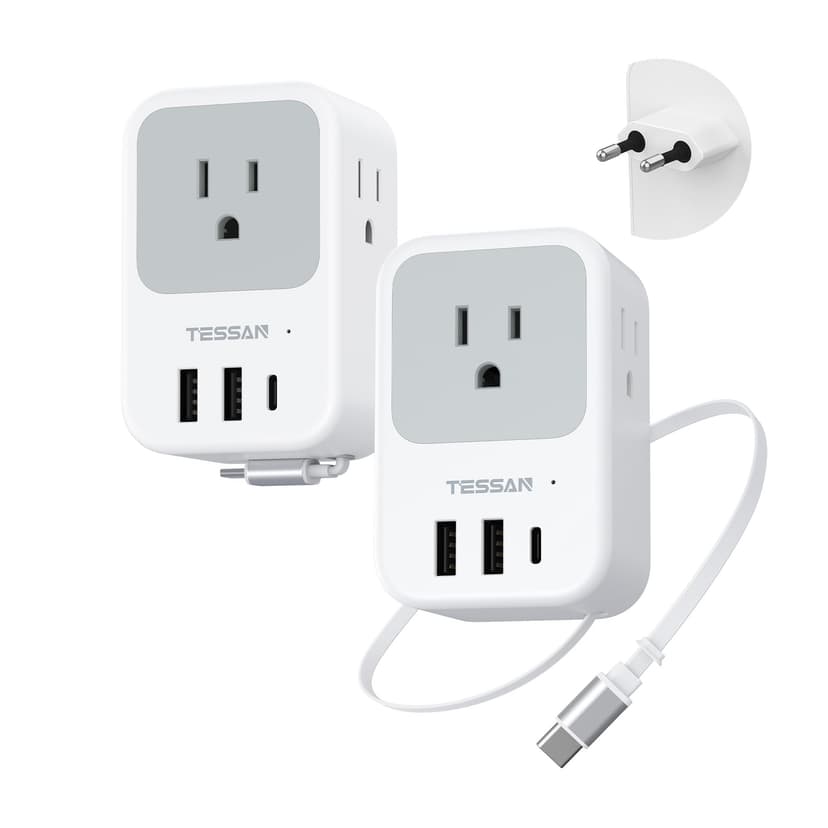 TESSAN European Travel Plug Adapter, 2 Pack | Built-in 20W Retractable USB-C Cable, Type C Power Adapter, 3 AC Outlets 4 USB Ports