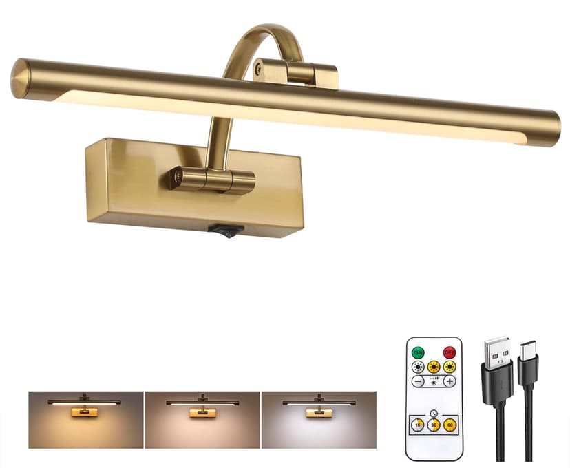 Tassuowell Wireless Picture Lights for Wall Rechargeable, Battery Operated Art Light for Paintings, 3CCT Dimmable, 15.7" Brass Finish with Remote, Rotatable Gallery Light for Pictures Display