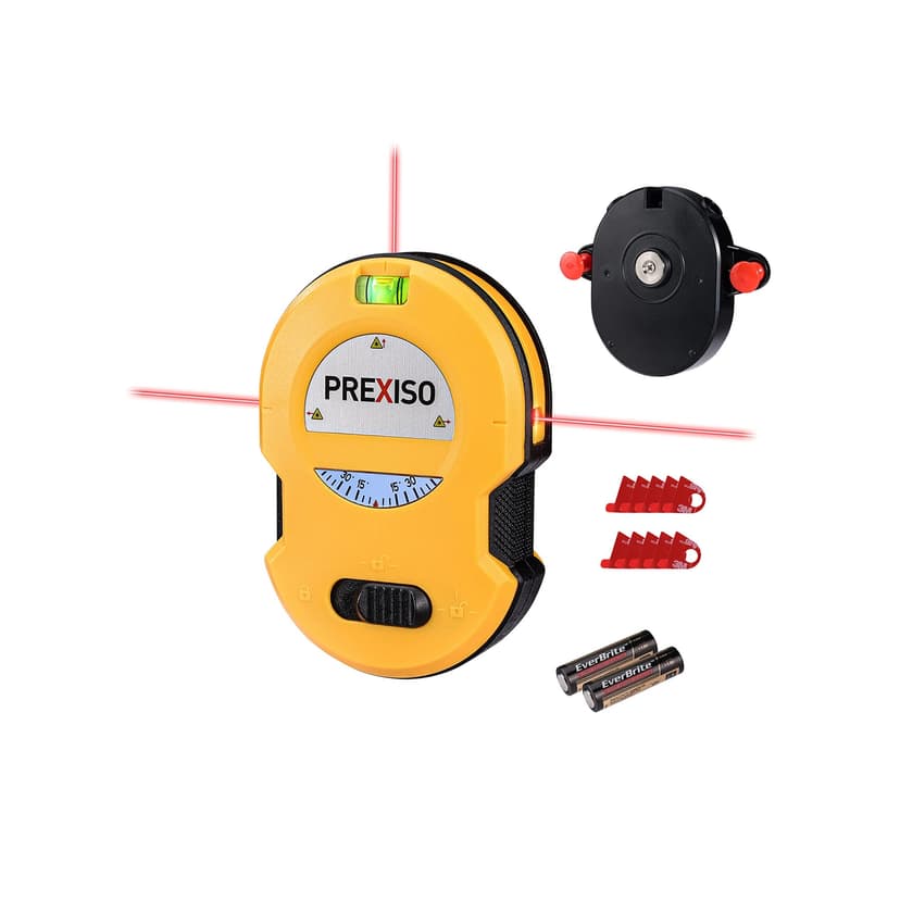 PREXISO Multi Surface Laser Level LED Light Vial, 30Ft Cross Line Laser | Clear Horizontal & Vertical Lines, Wall Mount, 2 Pins, 10 Sticker, 2 AA Batteries for Hanging Frames & Picture, Wall Marking
