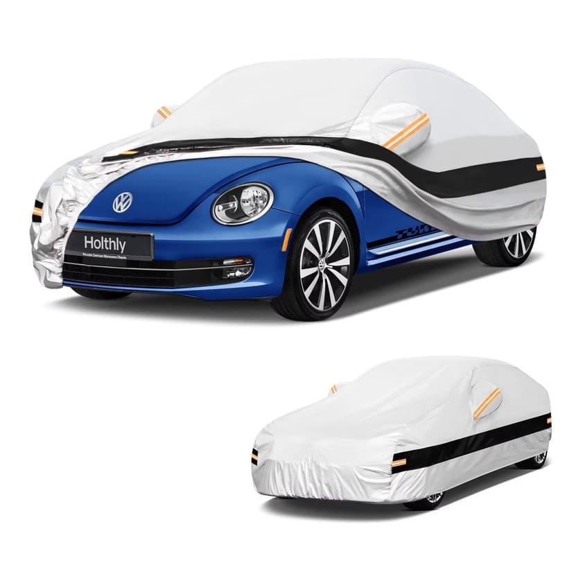 Holthly 10 Layers Sedan/Coupe Car Cover Custom Fit for Volkswagen Beetle (1938-2019), Waterproof All Weather for Automobiles, Outdoor Full Cover Sun Dust Rain Protection with Cotton. Silver