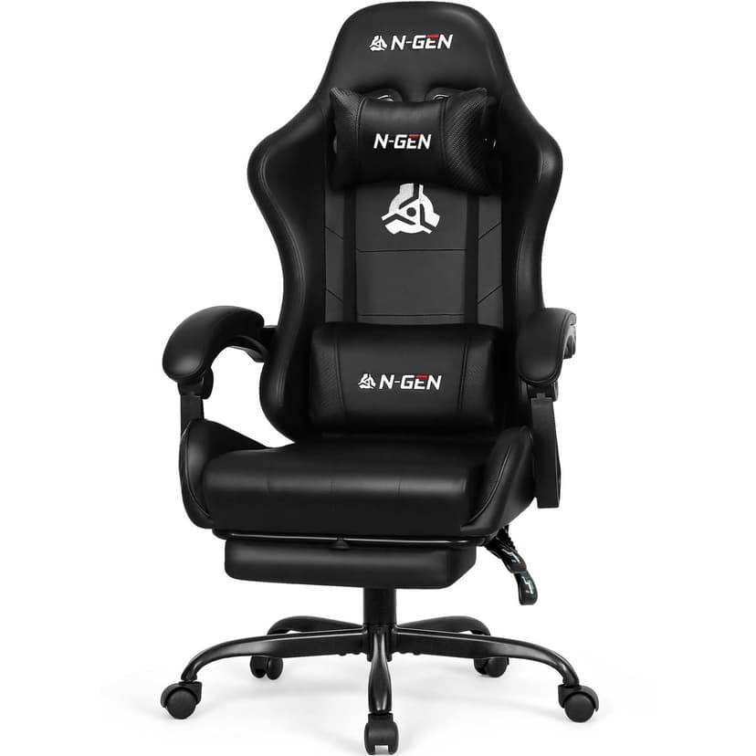N-GEN GAMING Video Gaming Chair with Footrest Lumbar Support for Home Office High Back Recliner Height Adjustable Ergonomic Comfy Leather Computer Desk Chair (Carbon Black)