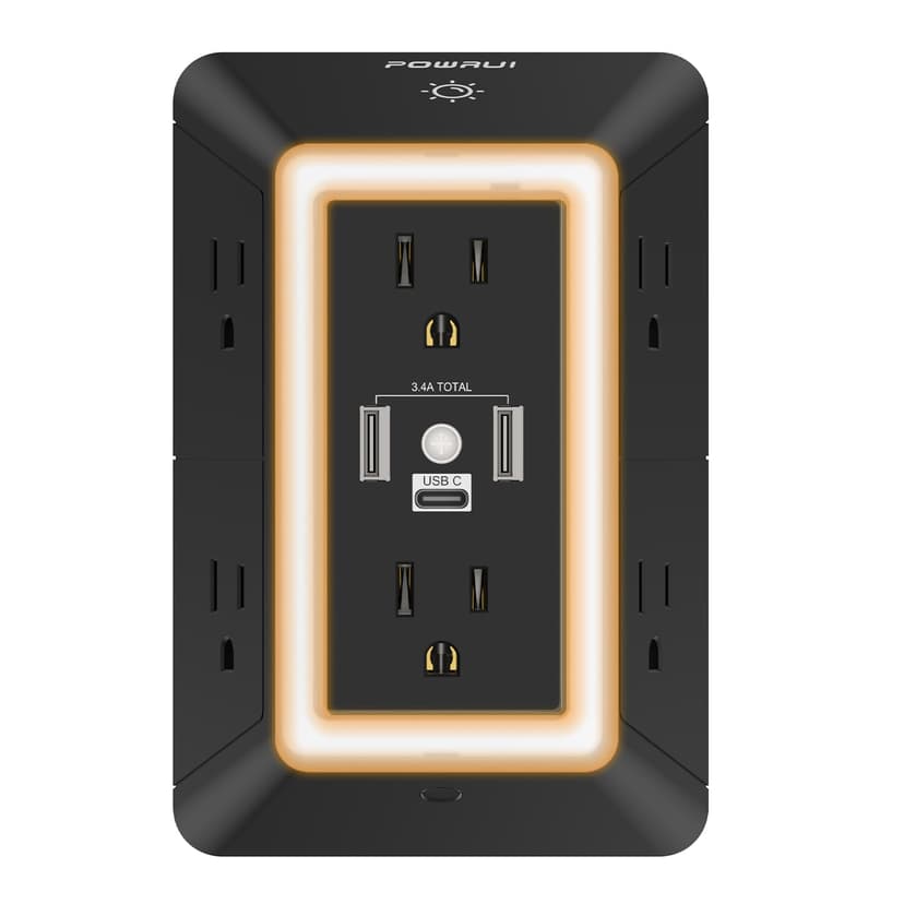 Outlet Extender Power Strip, POWRUI 6 AC Surge Protector Outlets with 3 USB Ports (1 USB C) and Night Light, 3-Sided Multi Plug Wall Outlet with Spaced Outlets - Black, ETL Listed