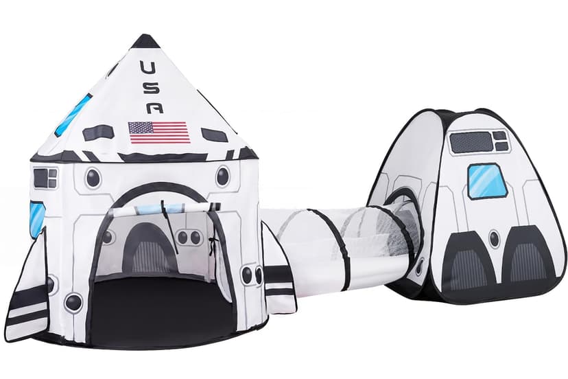 JOYIN White Rocket Ship Pop up Play Tent with Tunnel and Playhouse Kids Indoor Outdoor Spaceship Tent Set