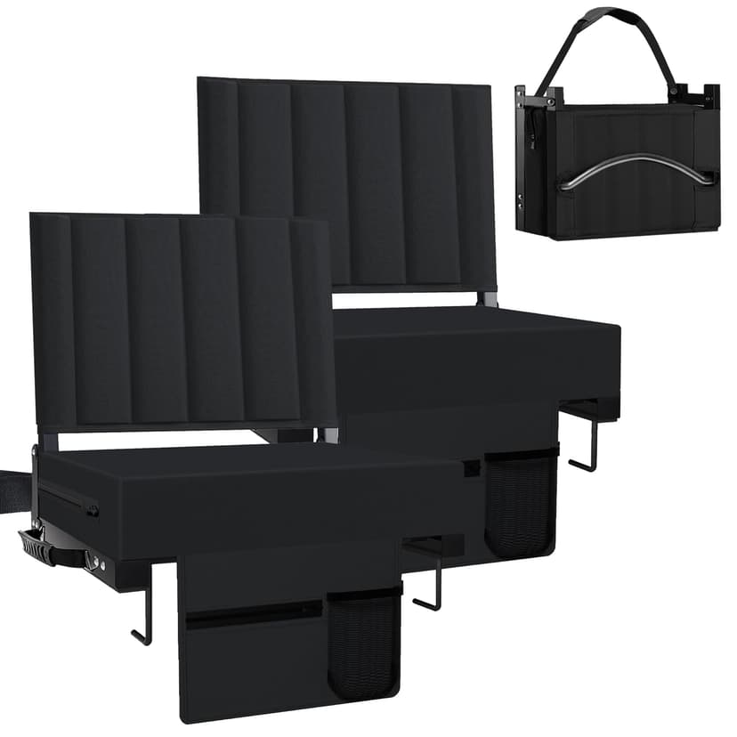 Aliphon Stadium Seat for Bleachers with Back Support and Cushion, Bleacher Seats with Shoulder Strap and Cup Holder, Padded Portable Folding Comfort Stadium Chair, for Sports Events, Black (2pcs)