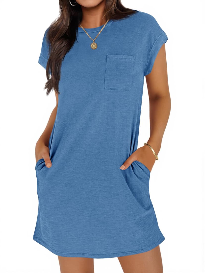 Wenrine Women's Summer T Shirt Dress Casual Short Sleeve Crewneck Loose Fit Mini Dresses with Pockets