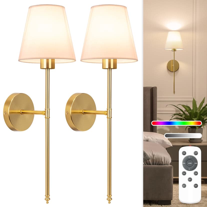 NIORSUN Battery Operated Wall Sconce Set of 2,Gold Rechargeable Wall Lights with 10400mAh Dimmable Bulbs and Remote,10 Colors Wireless Wall Lamps for Bedroom Living Room Hallway Decor