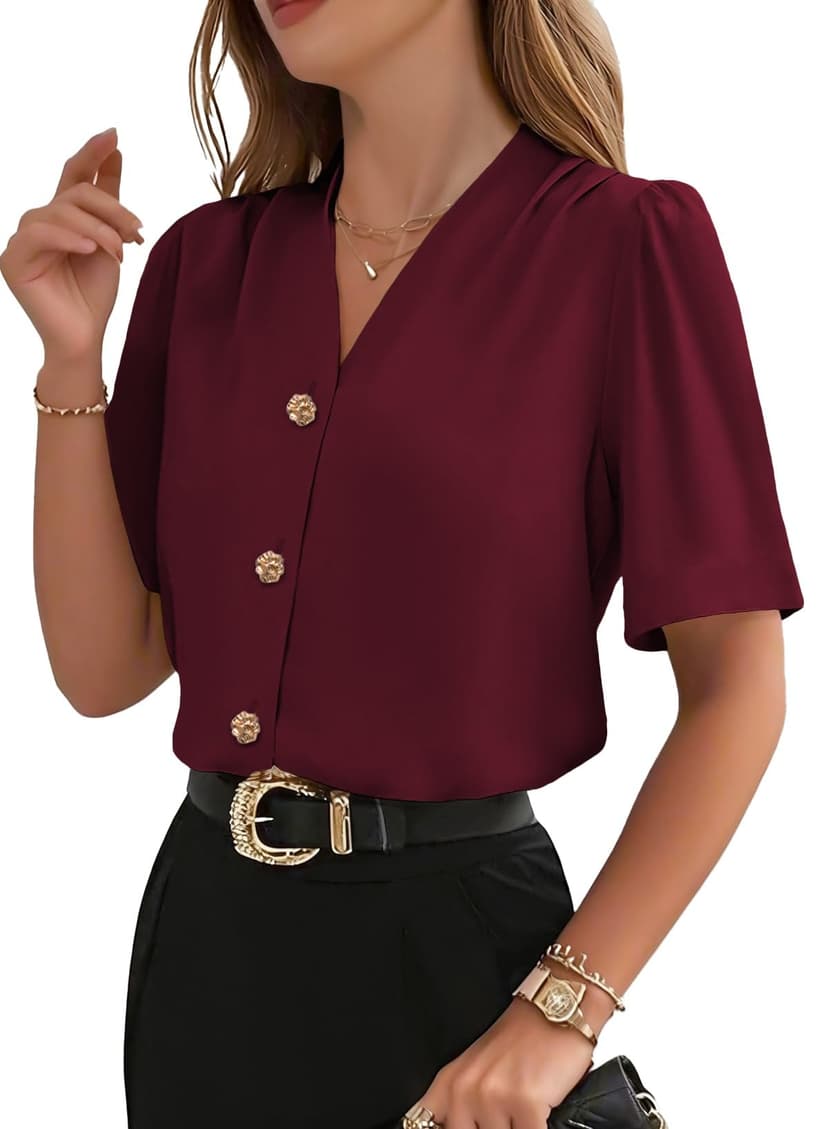 EVALESS Blouses for Women Dressy Casual Summer Short Sleeve Button Down Shirts Business Work Tops