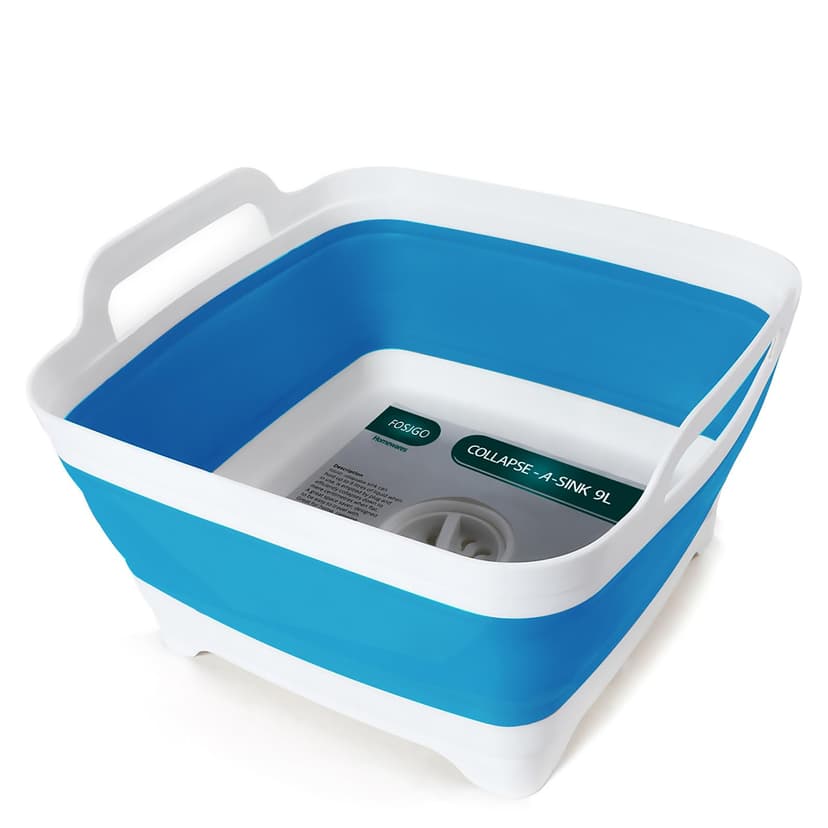 FOSJGO Collapsible Dish Basin with Drain Plug, 2.4 Gal (9L) Space-Saving Foldable Sink, Wash Basin for Kitchen, Baby Bottles, Vegetable Washing, Camping, RV and Party Beverage Tubs (Sky Blue)