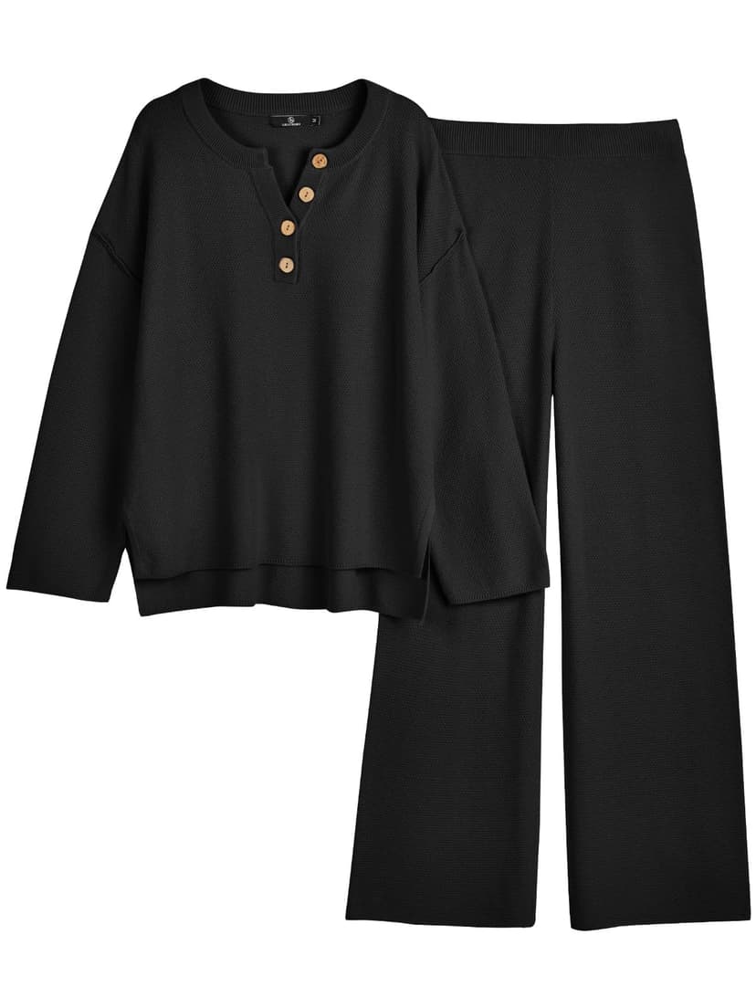 LILLUSORY Women's 2 Piece Lounge Sets Oversized Slouchy Matching Sets | Comfy Knit Loungewear, Airport Travel Outfits, Henley Button Drop Shoulder Tunic & Wide Leg Pull-on Pants