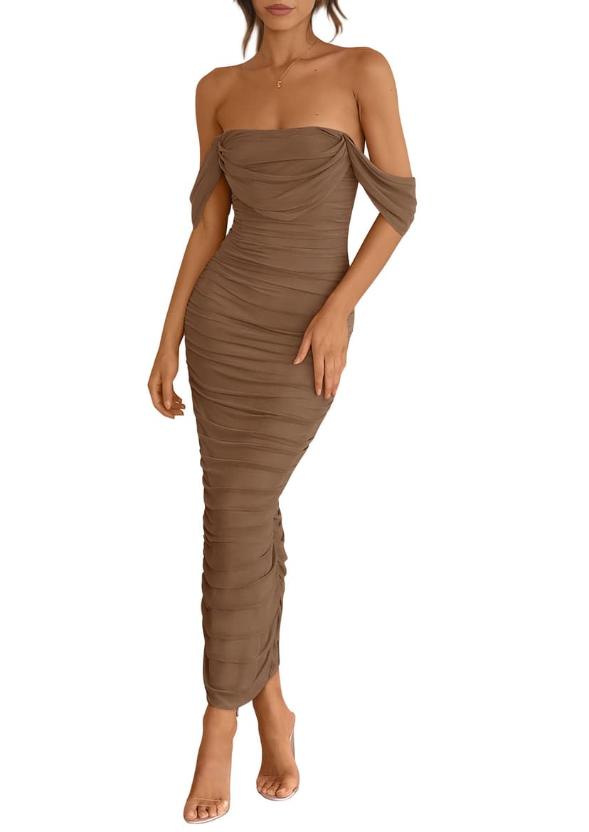 PRETTYGARDEN Womens 2026 Summer Off The Shoulder Dress Ruched Bodycon Sleeveless Split Cocktail Party Maxi Dresses