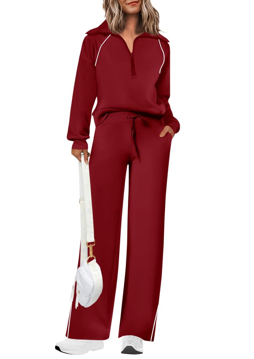 PRETTYGARDEN Women's 2 Piece Outfits Casual Lapel Half Zip Sweatshirts and Wide Leg Pants Tracksuit Sets